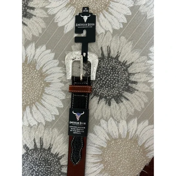 American Bison Mens Western Leather Belt Brown Black Basketweave  Size 34-36 - Picture 2 of 5